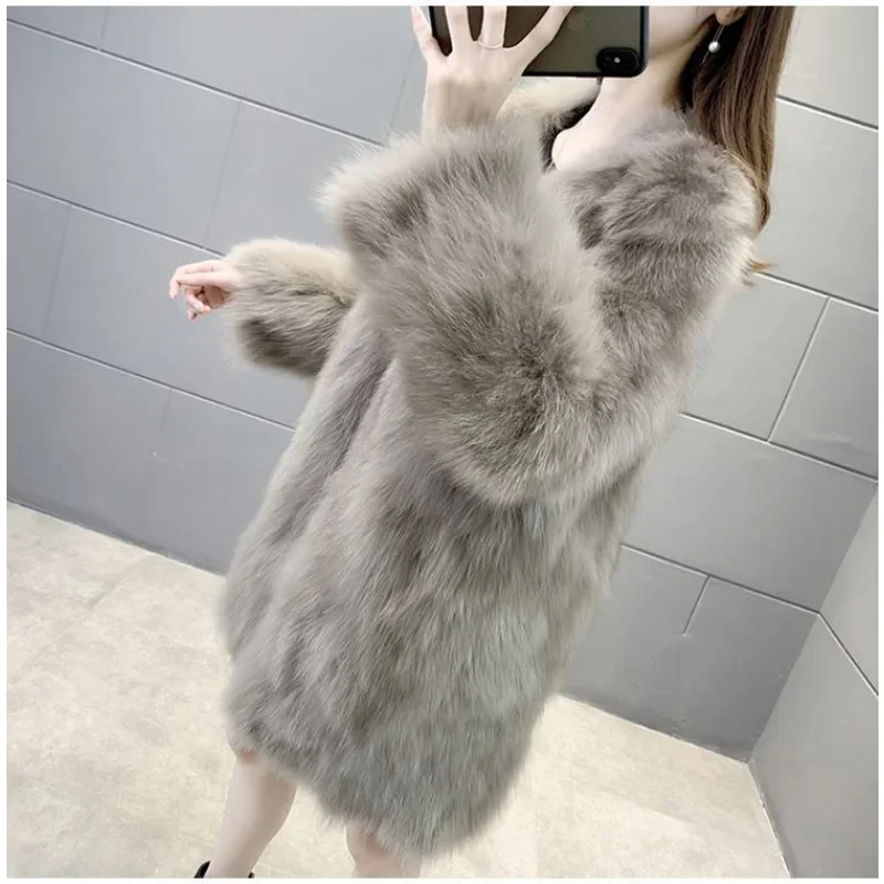 2024 Winter Haining Fur Coat Female Foreign Imitation Fox Fur Medium Long Fur One Coat V-neck Slimming SimpleStylish Comfortable