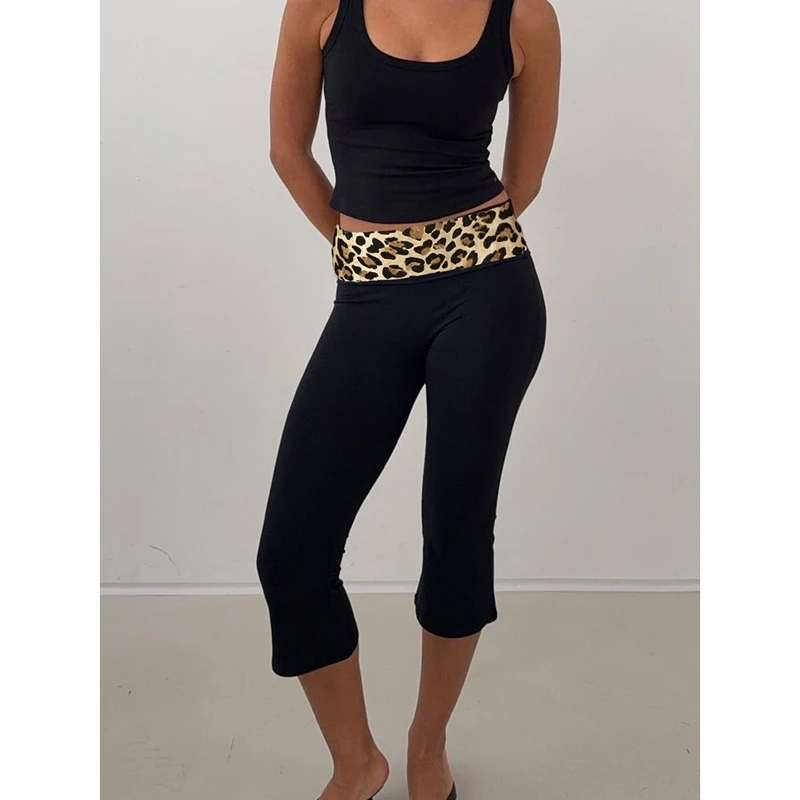 Women's Summer Cropped Leggings Leopard Print Fold Over Waistband Patchwork Elastic Mid Rise Y2k Flare Capri Trousers