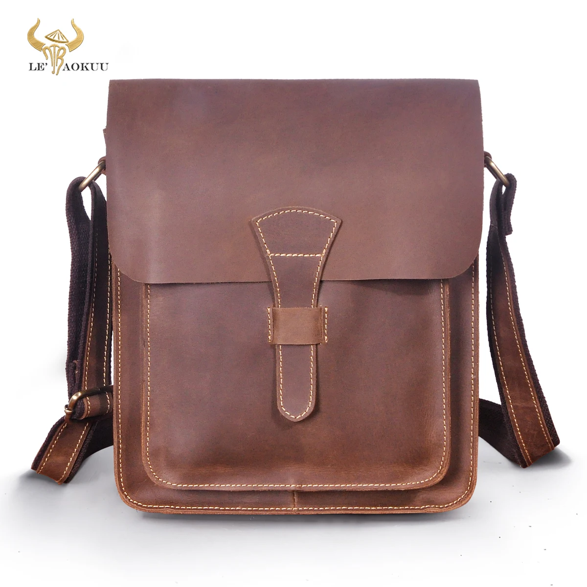 

Quality Crazy Horse Leather One Shoulder Messenger bag Cowhide Cross-body Bag 12" Tablet Tote Mochila Satchel For Men Male 2080