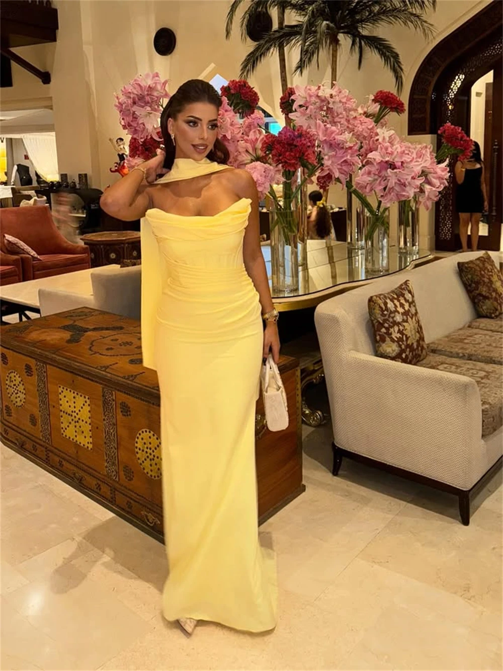 Dianruo-Vestidos De Noche De sirena amarillo, satén fruncido, sin tirantes, largo hasta el suelo, Elegantes personalizados