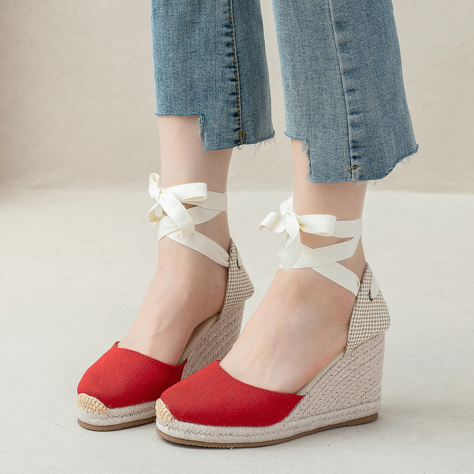 Cap Toe Platform Wedges Sandals for Women, Classic Soft Ankle-Tie Lace up Espadrilles Shoes