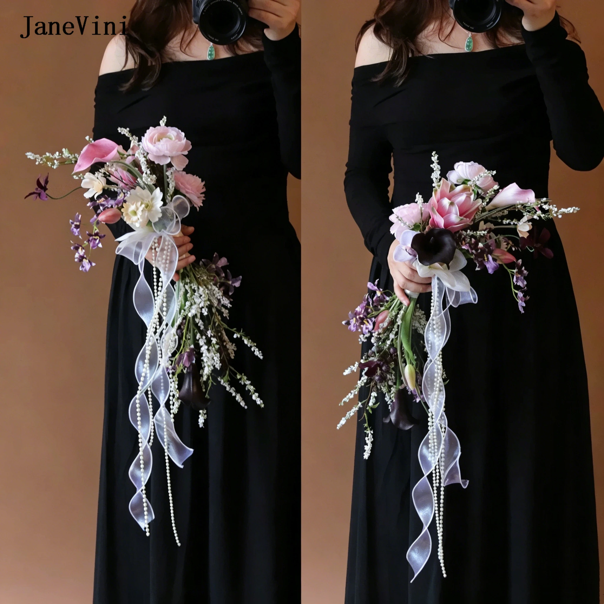 JaneVini New Luxury Protea Bridal Bouquets Pink Purple Artificial Peony Calla Lily Wedding Hand Flowers Boho Wedding Photography