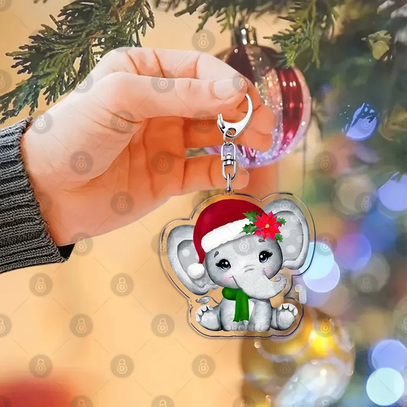 Christmas Baby Bear Fox Sloth Elephant Penguin Giraffe Bunny Keychains Ring for Accessories Bag Double-sided Printing Key Chain