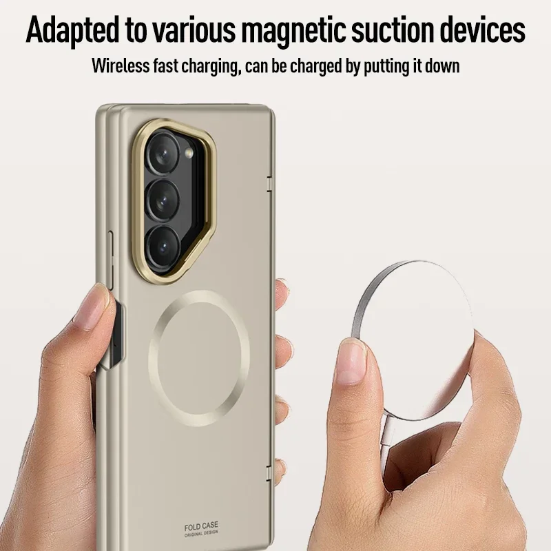 For Samsung Galaxy Z Fold 6 Case Shockproof Magnetic PC Skin Feel Matte Folding Hinge Metal Lens Stand Cover With Tempered Glass