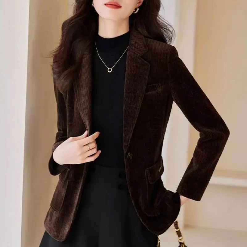 Spring Autumn Women Blazers New Fashion Solid Corduroy Suit Ladies Business Office Formal Coat Short Jacket Single Button Blazer