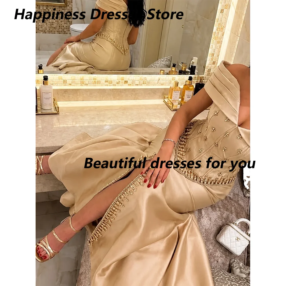 Luxury Champagne Off-Shoulder Evening Dress for Women Beaded Corset Slit Elegant Formal Gown Wedding Guest Prom Dress Customized view 3
