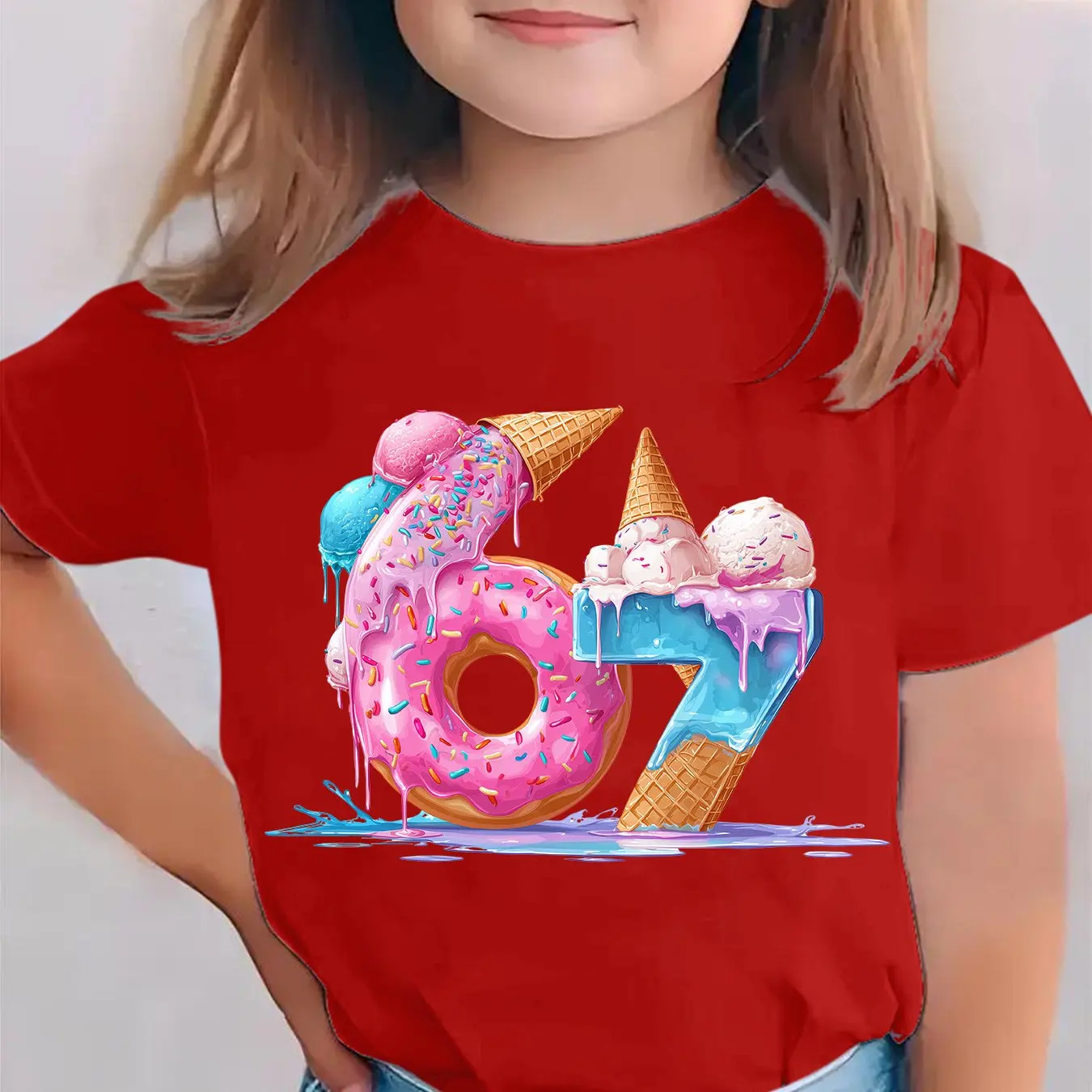 Sweet Donut Ice Cream 67 Graphic Kids Short Sleeve T Shirt Soft Breathable Summer Casual Children Daily Wear Birthday Party Top
