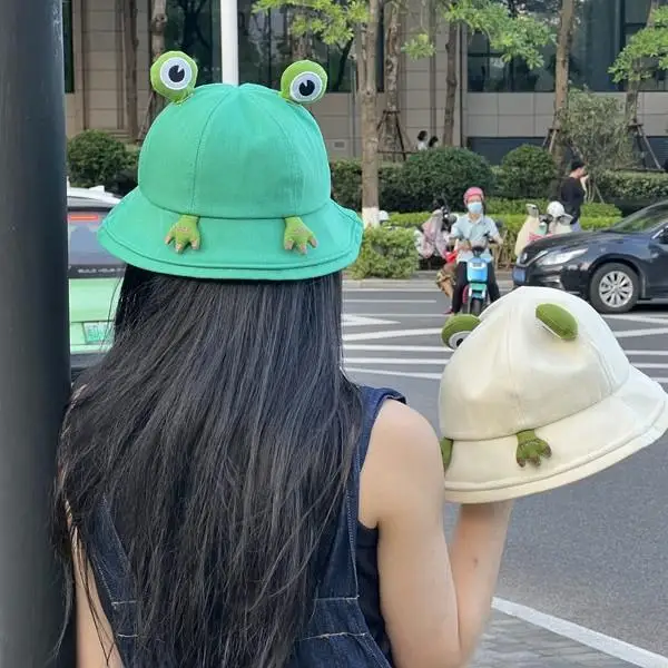 Women\'s Bucket Hat Spring and Summer Cute Frog Ear Fisherman Cap Japanese Thin Student Sunscreen Sunshade Hats Girls Panama Caps