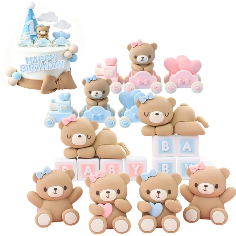 3D Pink Blue Bear Cake Topper Birthday Cake Decoration Boy Girl Birthday Party Gender Reveal Baby Shower Bear Doll For Cake Deco