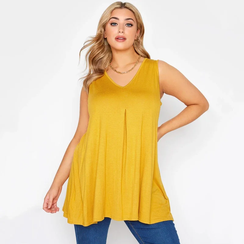 Chaleco palangre elegante de talla grande con cuello en V para mujer, Top informal sin mangas con túnica oscilante, blusa plisada con detalle acampanado 8XL