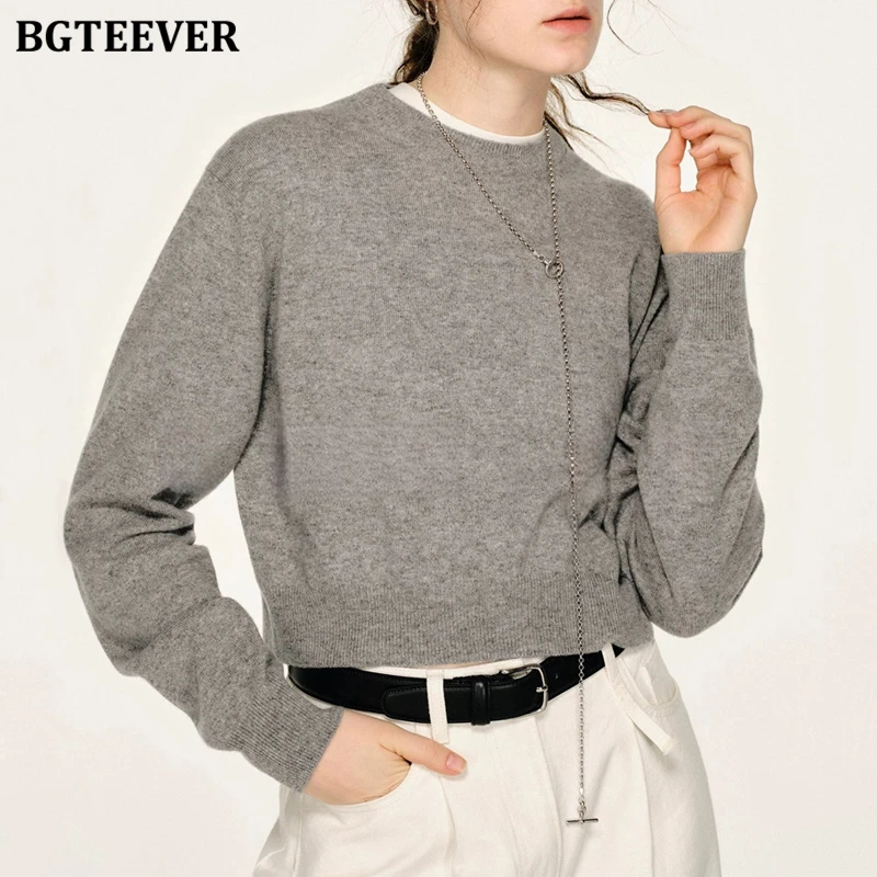 BGTEEVER Elegant O-neck Soft Warm Ladies Pullovers Sweaters Autumn Winter Long Sleeve Loose Female Knitted Jumpers