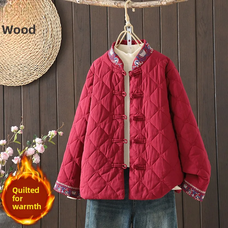 秋冬中国風青と白の磁器ボタン刺繍スタンドカラーコットンジャケット女性用エスニックピュアカラー