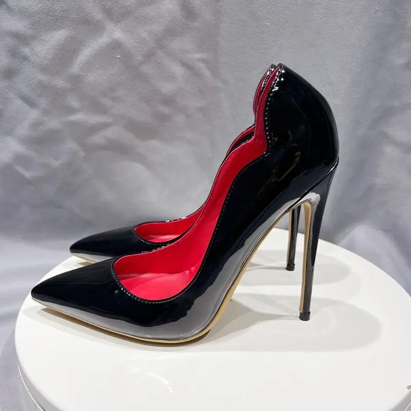 Tikicup Classic Black Women Side Open Pointy Toe High Heel Shoes Glossy Elegant Dress Slip On Stiletto Pumps Sexy Wedding Shoes