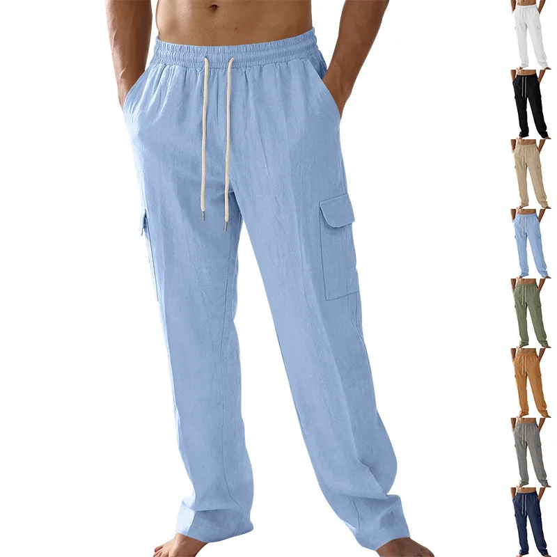 2026 Frühling und Herbst Tooling-Hose mit Mehreren Taschen, Gerade Geschnittene Leinen-Freizeithose für Herren, Große Größen, Locker Sitzend