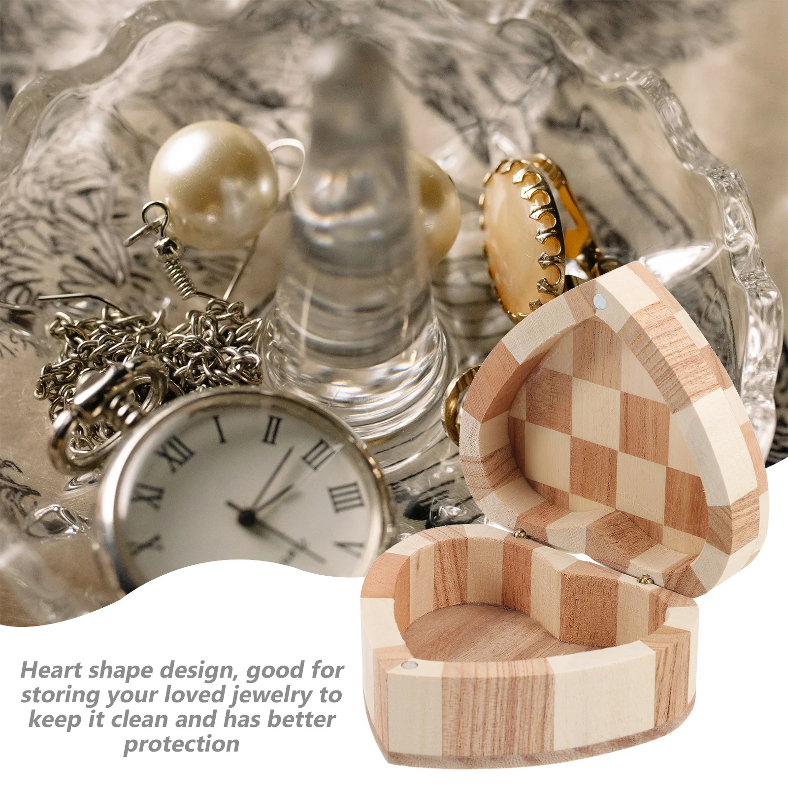 صندوق مجوهرات خشبي على شكل قلب حقيبة تخزين صغيرة خفيفة الوزن للخواتم والأقراط والأساور والحلي هدية خشبية #2