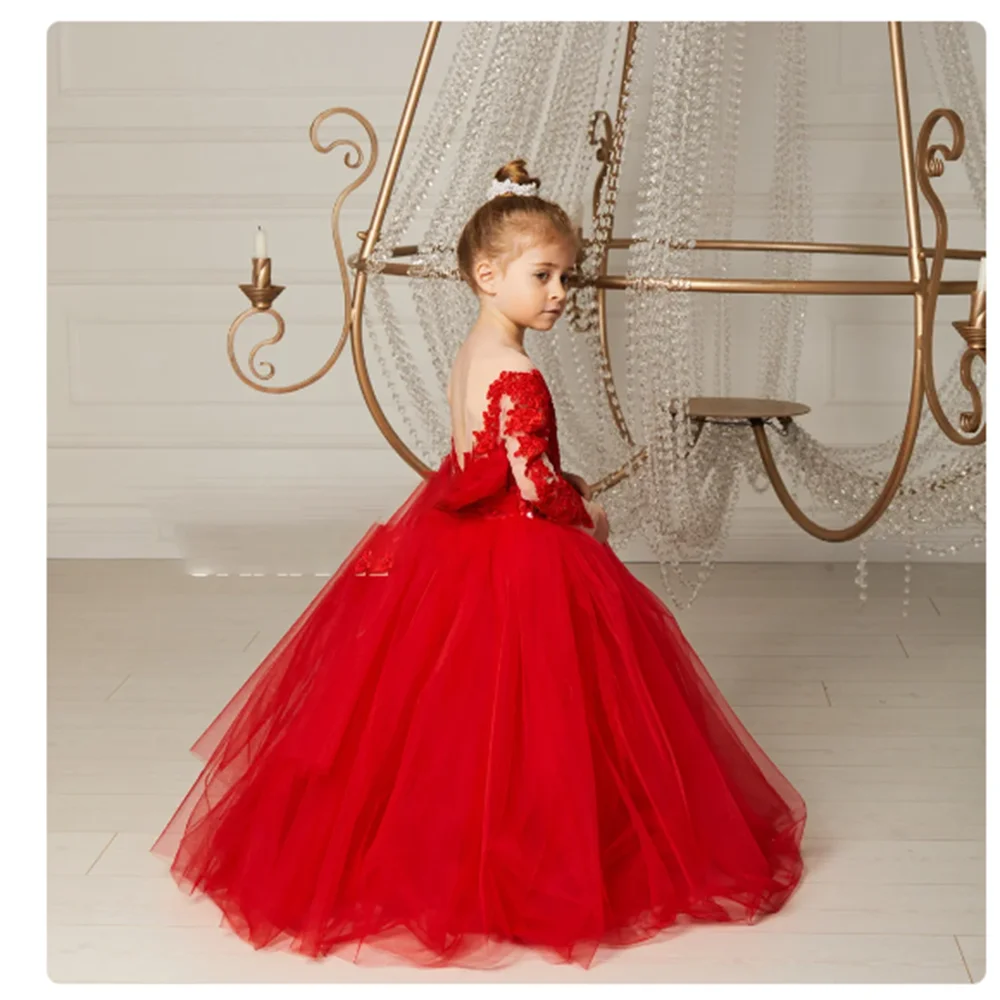 New Red Flower Girls Dresses Fluffy round neck with Long Sleeves Beautiful Bridesmaid Birthday Backless Lace Bow Appliques