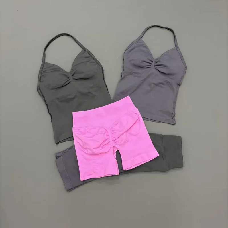2 Piece Gym Set Women Seamless Longline Strappy Top Yoga Scrunch Shorts Workout Suit Quick Dry Breathable Running Sports Sets view 4