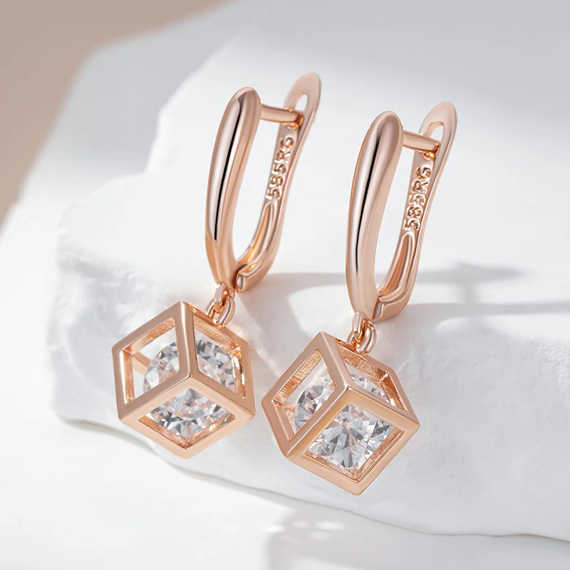 Kinel Hot Simple Hollow Square Dangle Earrings For Women 585 Rose Gold Color Natural Zircon Accessories Daily Fine Jewelry