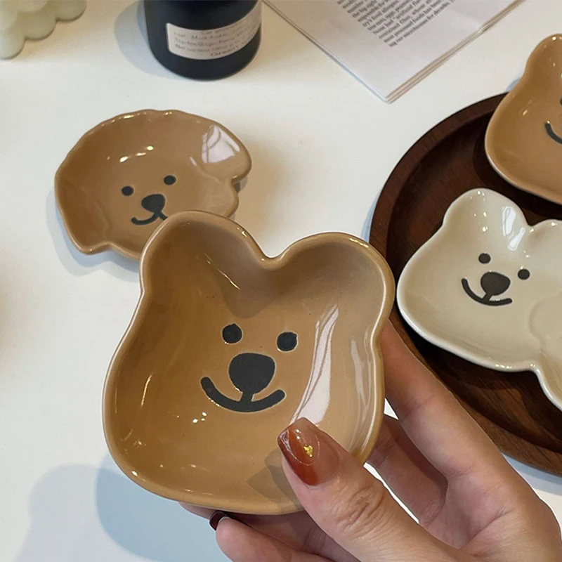 Prato de molho de cerâmica adorável com design de cachorro e urso fofo – tigela de imersão de compartimento único/duplo para condimentos, lanches, sushi, soja