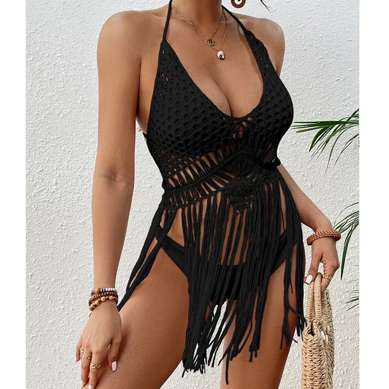 Bwq Strand Frauen häkeln Stricken sexy Bandage Bade bekleidung aushöhlen lange Quaste Bikini vertuschen Sommerferien Top Badeanzug