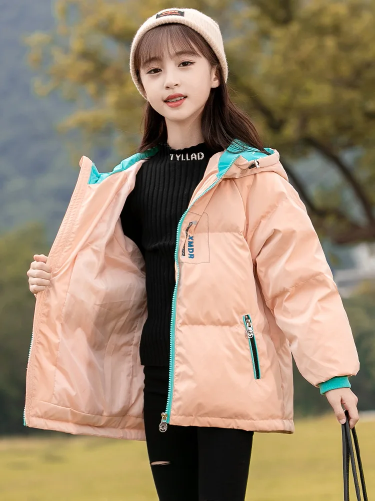 

2023 Winter Kids Outerwear Thicken Long Cotton Down Jackets Hooded Outerwear Cotton Cute Girl Top Zippers Active Style Thermal