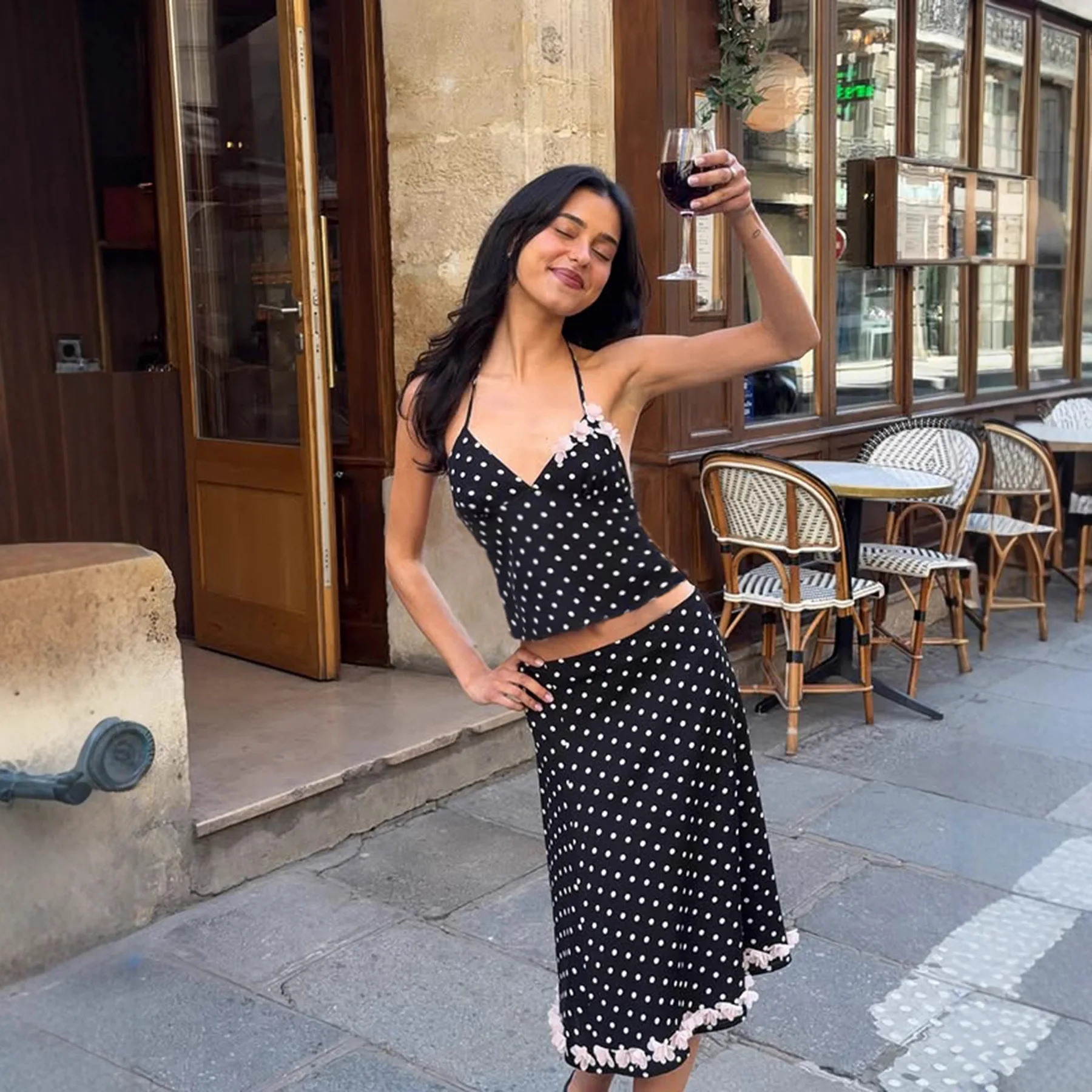 

Женские сексуальные повседневные праздничные майки с v-образным вырезом на шнуровке и открытой спиной, 3D цветы, принт в горошек, прозрачные майки, укороченные топы