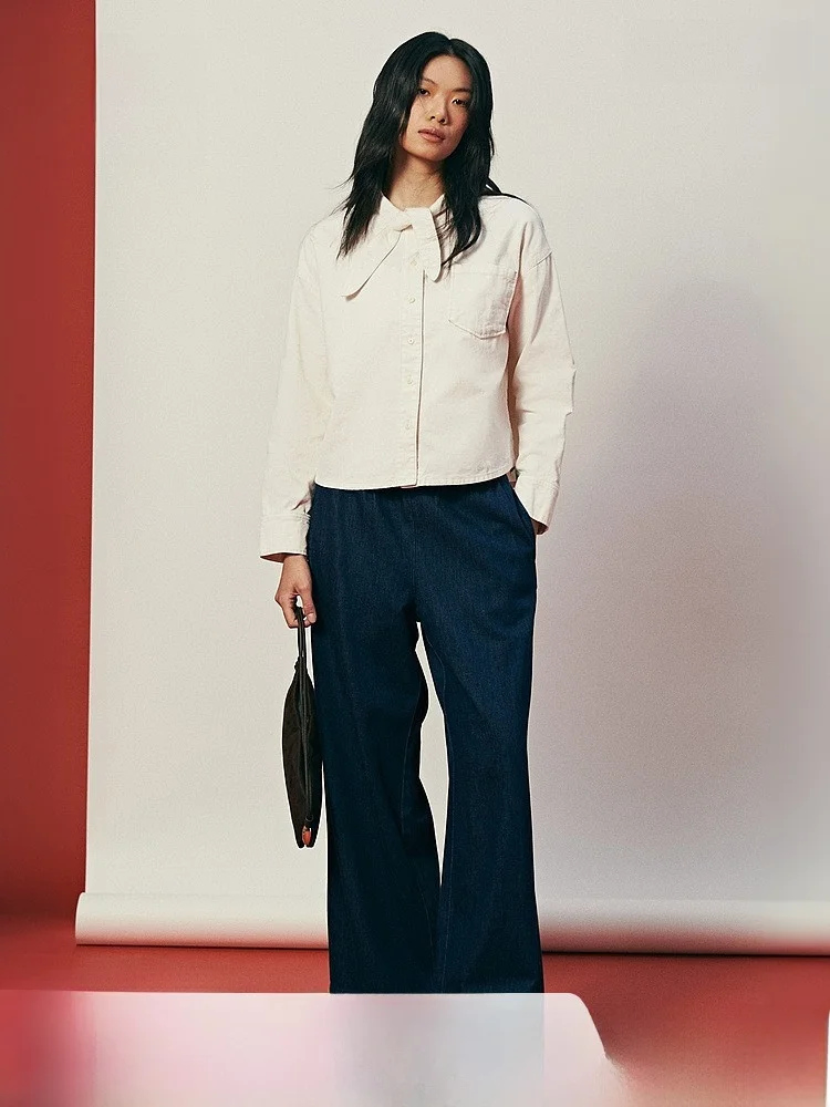 

Женская рубашка H&M: весенняя модная модель с воротником-шарфом, длинными рукавами, из вельвета, для повседневной носки, с пуговицами и карманами, из смесового хлопка