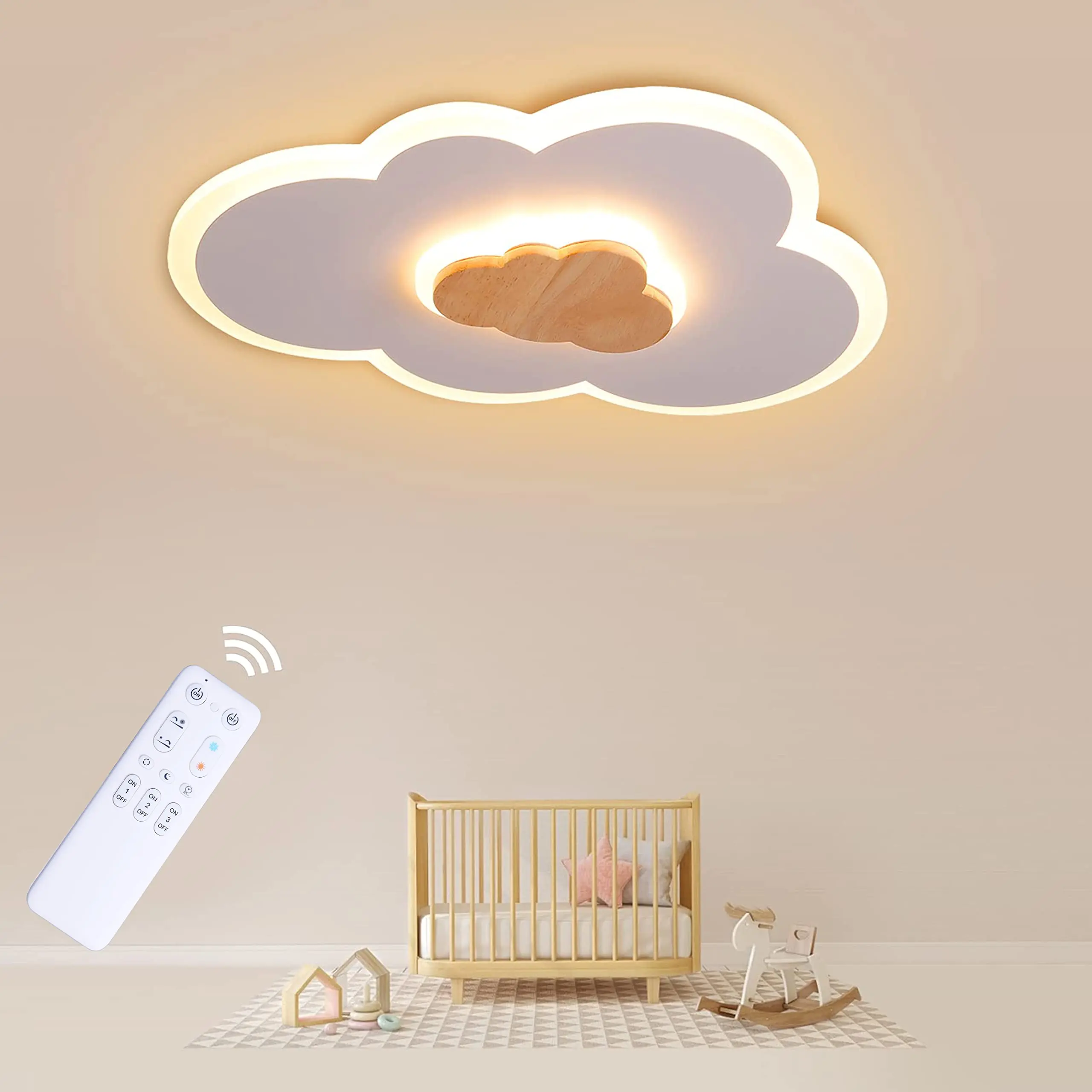 

LED Ceiling Light Wood Dimmable Remote Control, Ceiling Lamp Cloud Kids Lighting, Boys Girls Chandelier Children's Room Decor