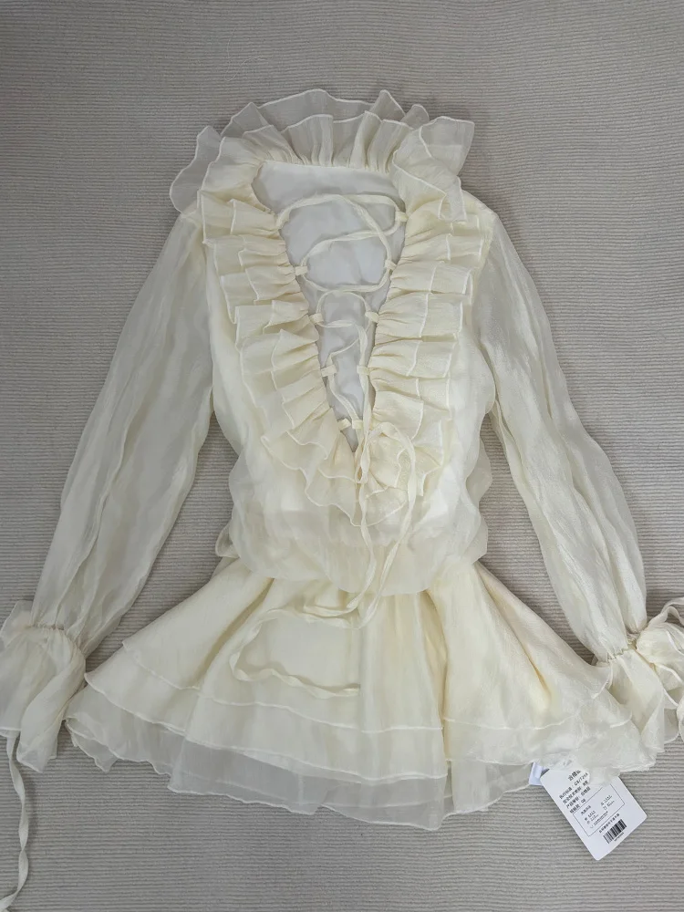 

French Lace Trimmed Three Dimensional Flower Dress Women Elegant Mesh Gentle Style Tie Up Lantern Sleeve Blouse Tops 2025 New