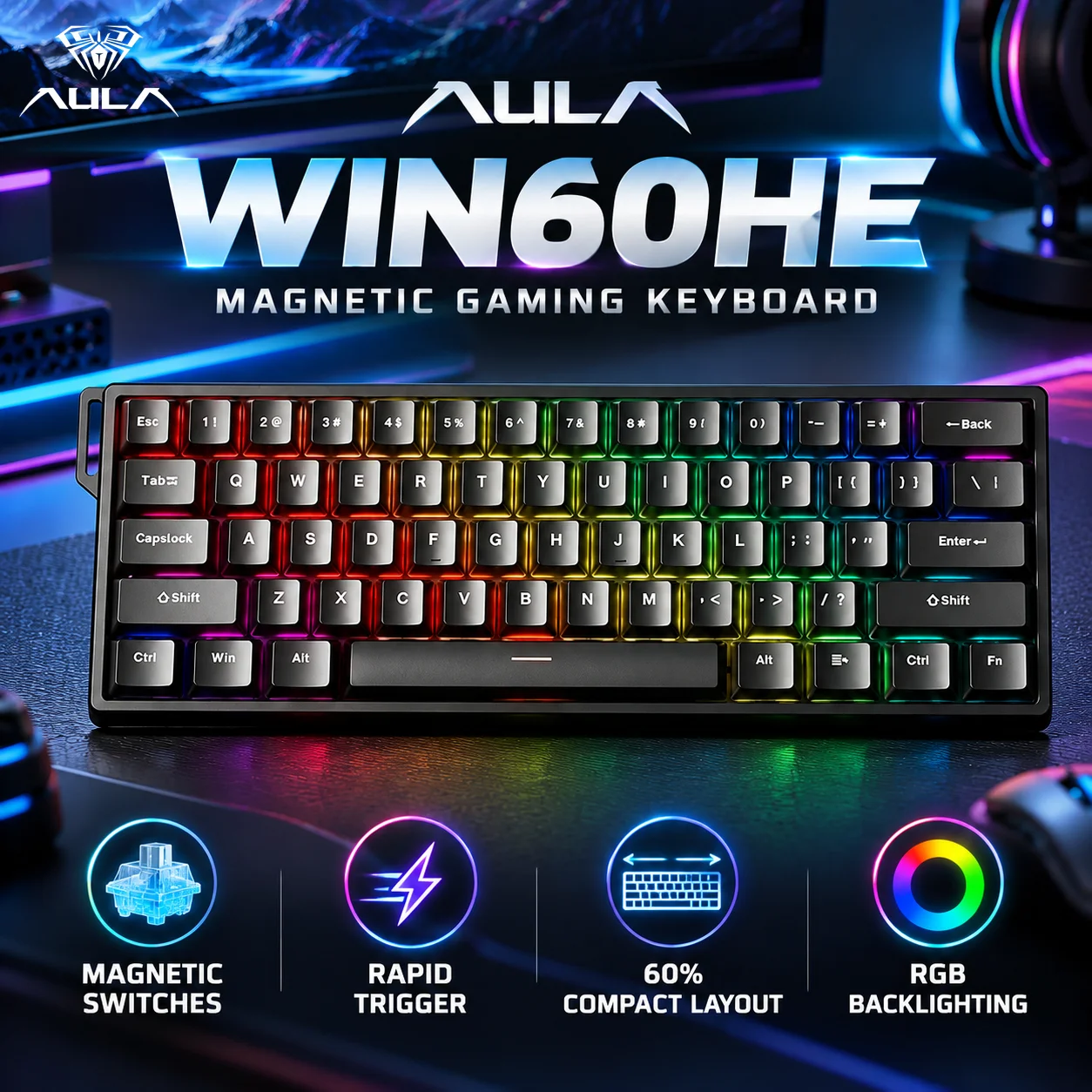 AULA WIN60HE 8000Hz Rapid Trigger Zero Dead Zone Hall Magnetic Keyboard 60% Gasket Hotswap RGB Mechanical Keyboard FPS Esport