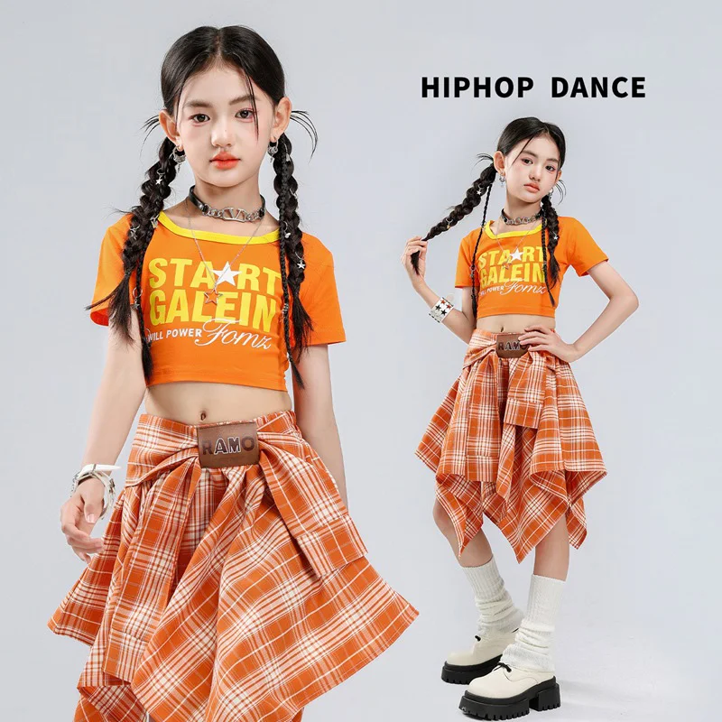 

Hip Hop Streetwear Clothes Sets Orange Crop Top Plaid Skirt Jazz Dance Clothing Group Street Dance Stage Performance Costume