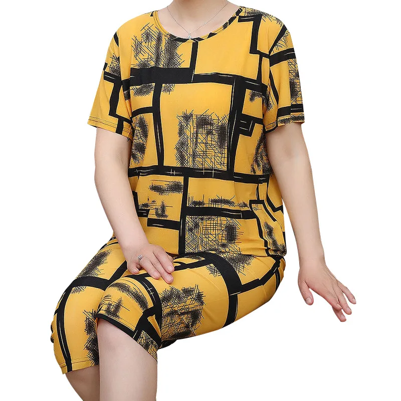 Summer Mom\'s Pajamas Homewear Summer Ice Silk Women\'s Elderly Clothes Grandmother Casual Fashion Suit Elderly Ladies Short-Sleev