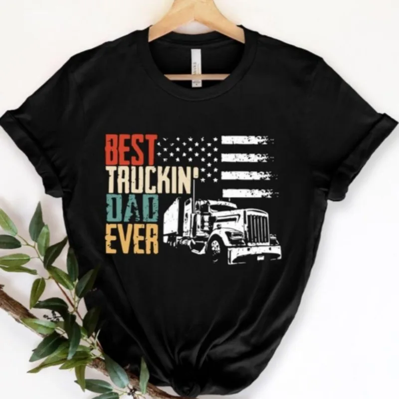 

Best Truckin Dad Ever T Shirt Men Fathers Day Gift Graphic Tee American Flag Print Trucker Dad Tops Casual Short Sleeve Shirt