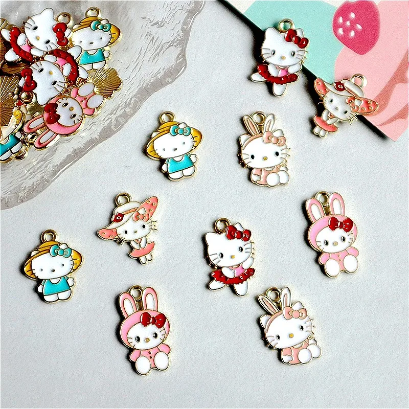 10PCS Cartoon Hat Hello Kitty Cute Keyrings Charms DIY Necklace Bracelet Earrings Keychain Accessory Component Festival Gift