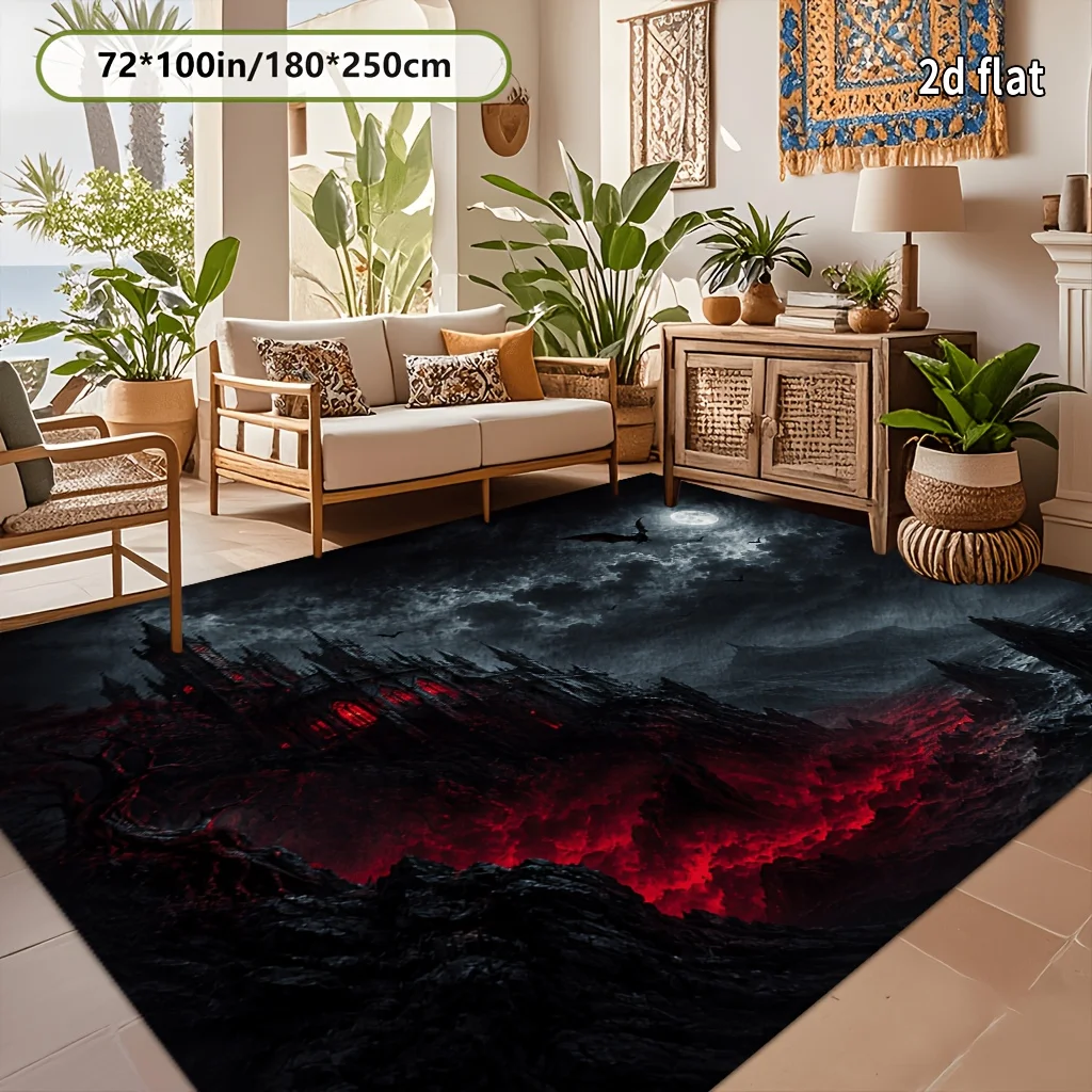 1pc Vampire Castle Under Dark Moon Velvet Decorative Rug, Machine Washable, Non-Slip Backing, Soft Lightweight & Durable