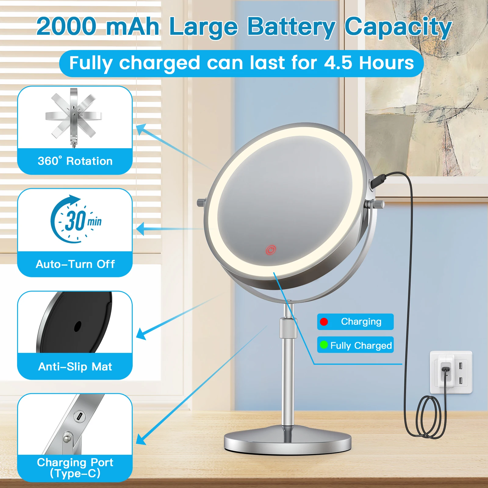 8-Zoll-Schminkspiegel mit Lichtlampe, 10-fache Vergrößerung, 3-farbige Lichter, höhenverstellbarer, stehender Kosmetikspiegel