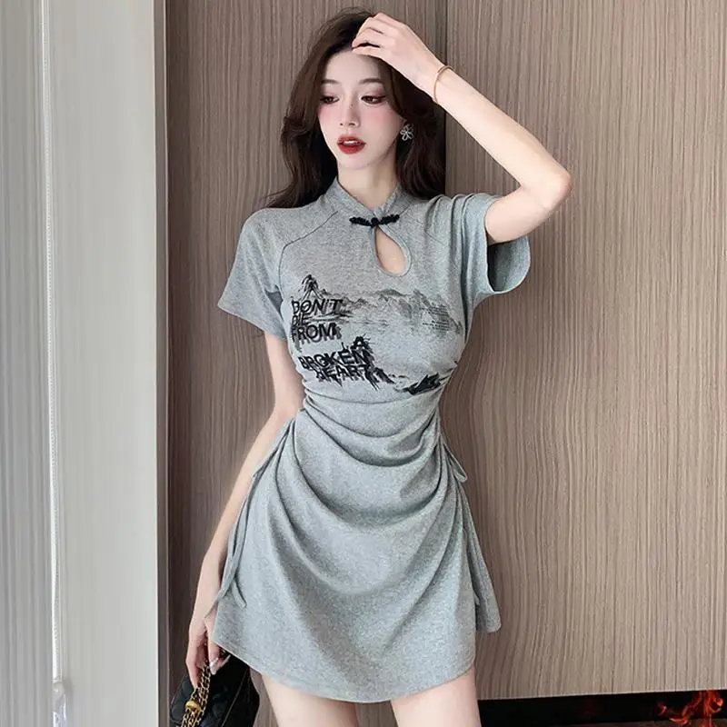 Chinese Style Summer Women's Graceful Mini T Shirts Dress Lady Vintage Print Letter Short Sleeve Shirring Dresses New Clothing