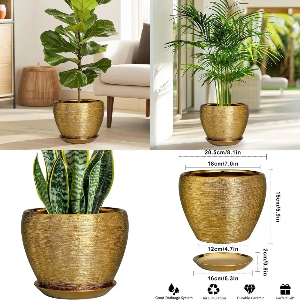 

8 Modern Gold Ceramic Planter with Drainage for Outdoor & Indoor Plants, Decorative Round Pot with Saucer