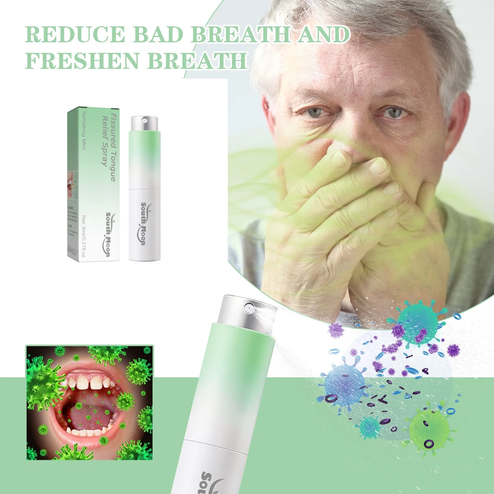 رذاذ طازج للعناية باللسان من ساوث مون، علاج منعش يدوم طويلاً، إزالة رائحة الفم الكريهة للبالغين، بخاخ محمول لعلاج الفم اليومي #6