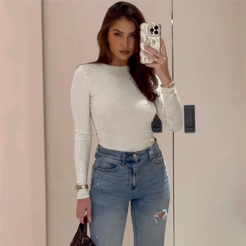 INS2025 Spring New Women's Fashion Crew Neck Long Sleeve Hot Diamond Slim Short T-Shirt Women