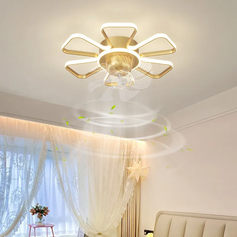 Bedroom Fan Light Luxury Minimalist Style Modern Master Bedroom Study Dining Room Fan Lamp Flower-Shaped Crown LED Ceiling Light