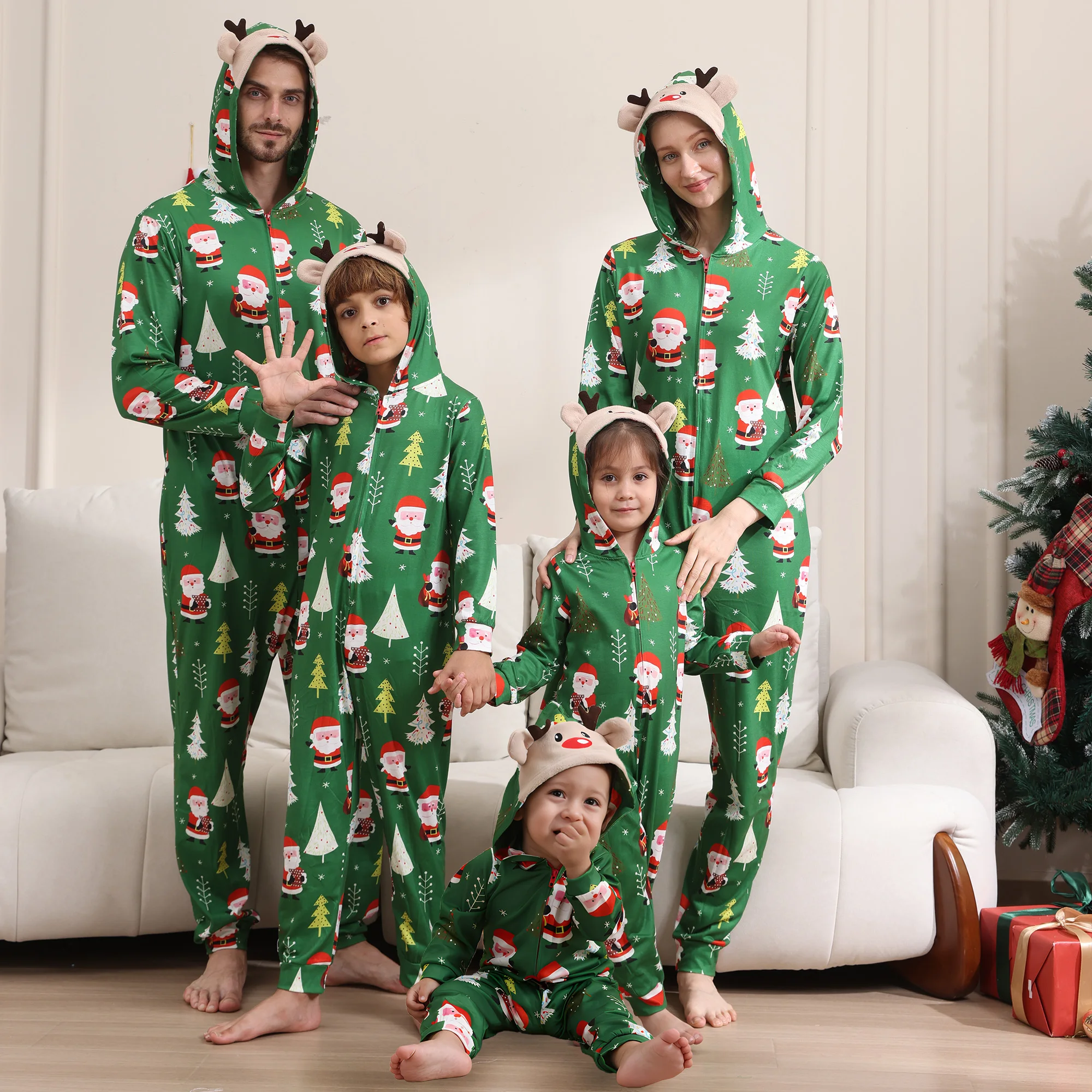 Natal família pai-filho roupas bonito dos desenhos animados bonito macacão impressão completa pijamas de manga longa natal com capuz zíper macacão