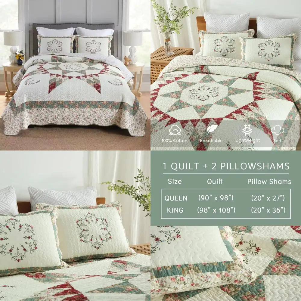

3-Piece Cotton Quilted Bedspread Set with Star and Green Floral Patchwork Design