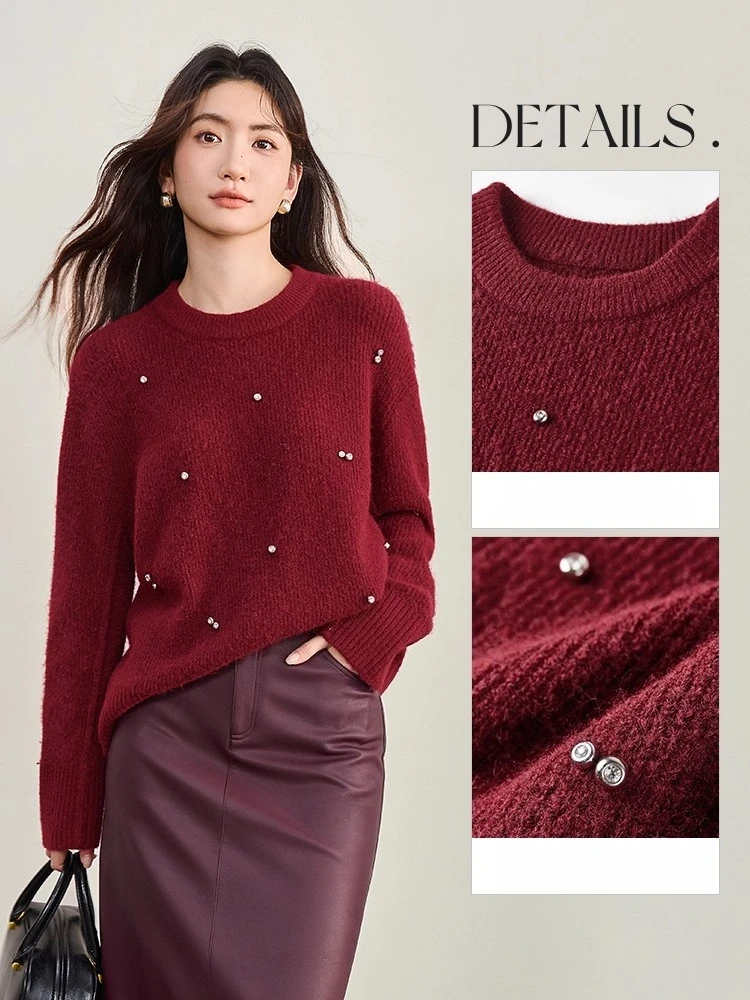 Sweter damski SENTUBILA z wełny, pulower, jesień 2025, do pracy, ręcznie robiony, z dżetami, okrągły dekolt, luźny, lekki, dzianinowy top W53EE3375