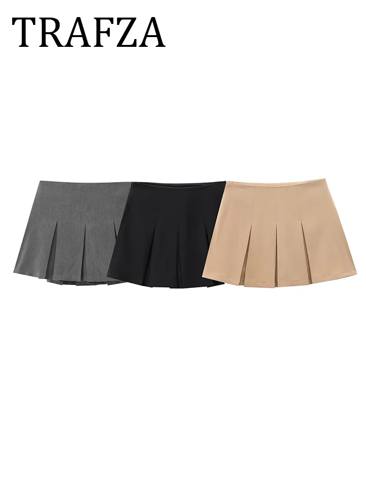 

TRAFZA High Waist Wide Pleated Mini Skirt 2025 New Fashion Women's Sexy Skirt Black Skirt Korean Style