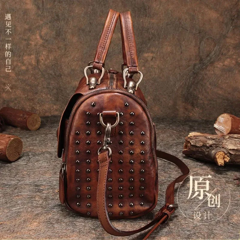 Genuine Leather Boston Bag Women Vintage Rivets Ladies Satchel Large Capacity Retro Rivet Handbag Female Shoulder Bags Studs