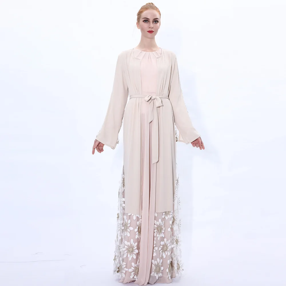 Autumn Women Abaya Fashion Flared Sleeve Lace-up Fairy Dress Lace Patchwork Outerwear Dubai Muslim Dress Cardigan White Abaya