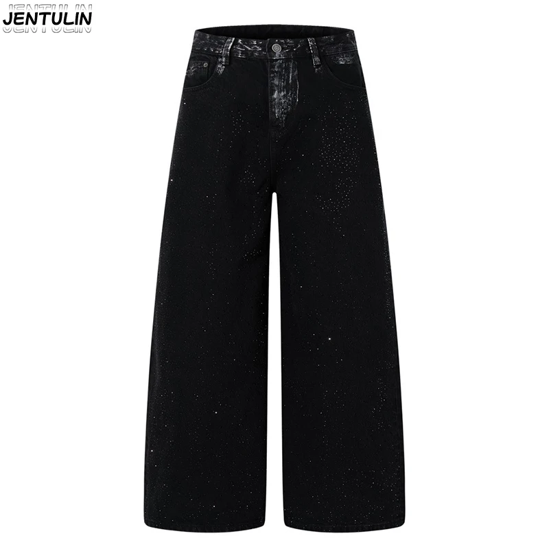 Aesthetics Trendy Brand Starry Sky Splashed Ink Jeans Black Distressed Wide Leg Pants Street Hip-Hop Loose Straight Leg Pants