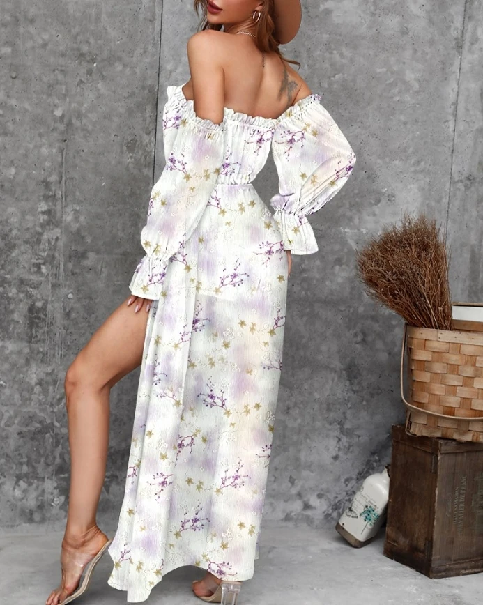 Women's fashionable casual printed cold shoulder high waist long sleeved pleated jumpsuit romantic jumpsuit women's clothing