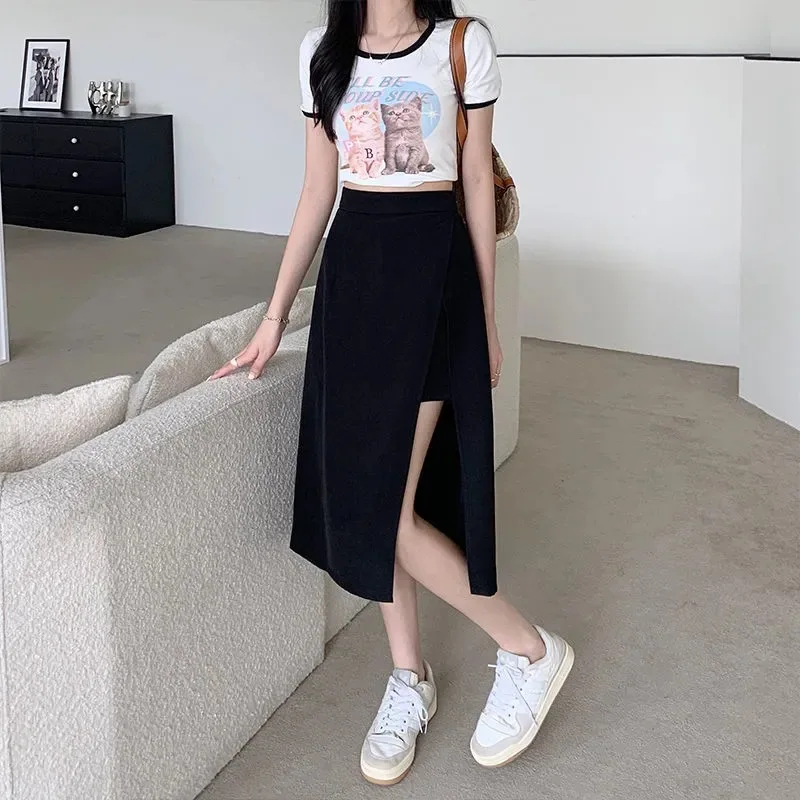 Women Black Midi Skirts Summer New Designed Korean Style Leisure Streetwear Soft Trendy Aesthetic Daily Outwear Irregular 2024